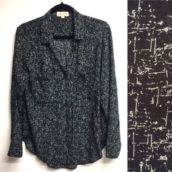 ANTHROPOLOGIE Cloth & Stone Button Front Blouse Black White Print M - Picture 1 of 6